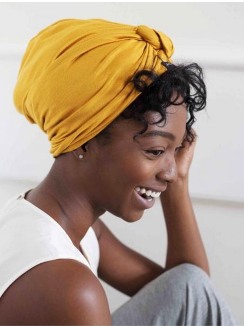 Grace Eleyae Mustard Satin-Lined Knot Turban